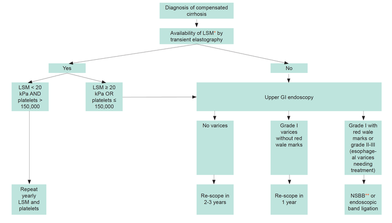 Algorithm for surveillance for varices and primary prophylaxis 2021